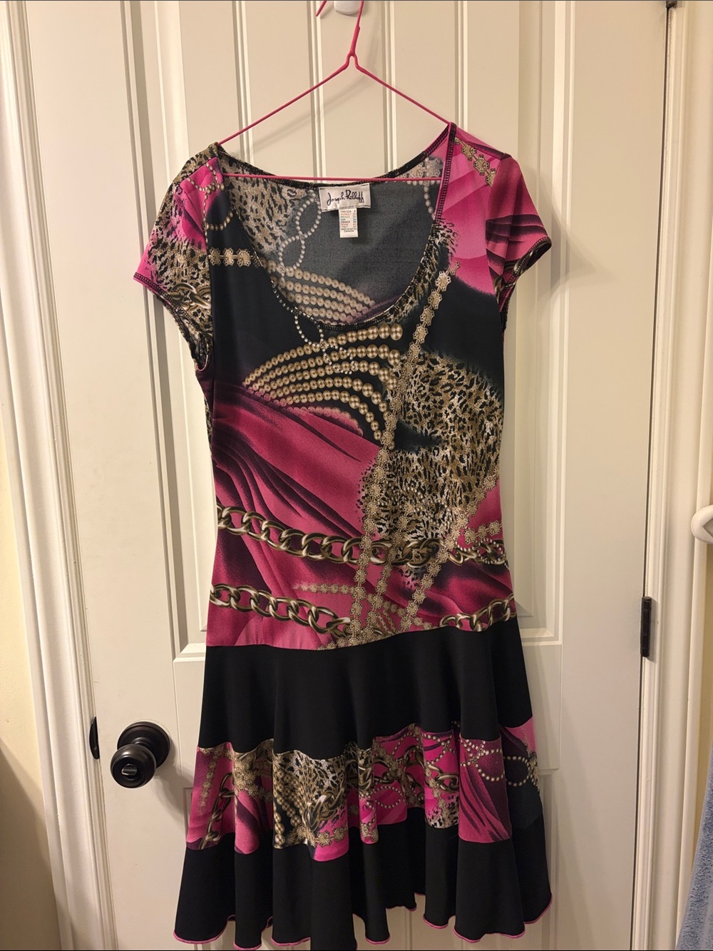 Joseph Ribkoff Pink and Black Chain-Print Fit & Flare Dress